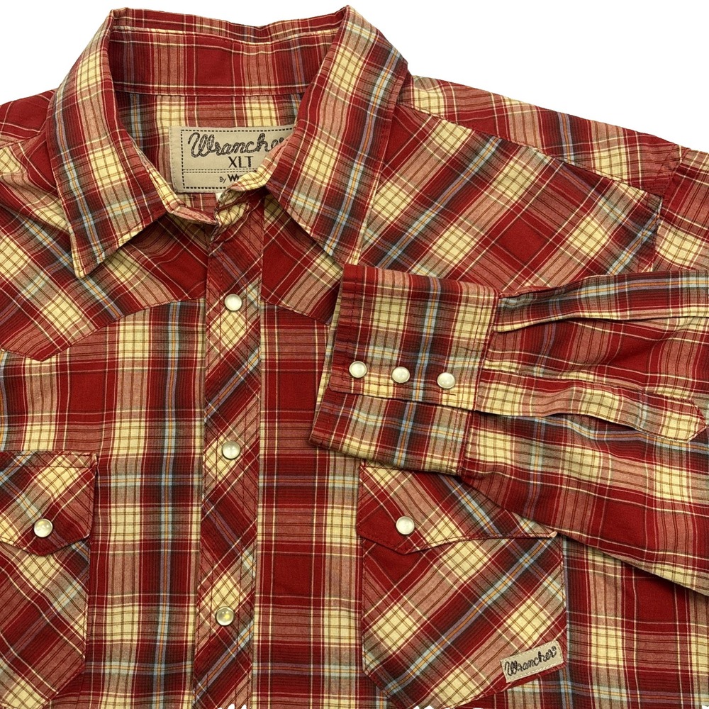 Wrangler Wrancher Button Up Shirt Mens XL Red Pearl Snap Plaid Western Cowboy